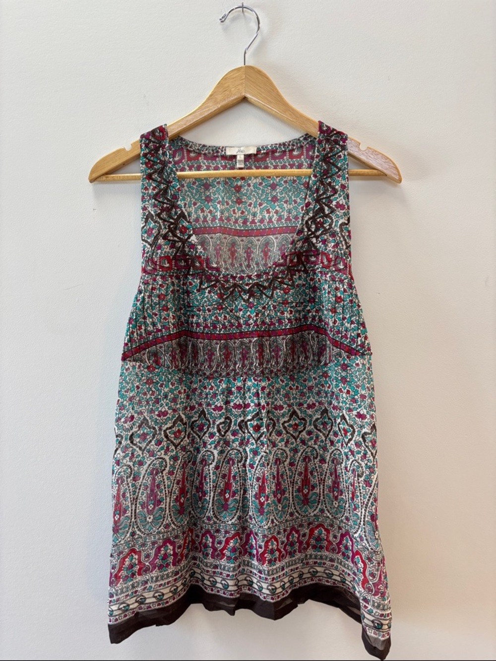 Joie Teal Burgundy Cream Paisley Floral Scoop Neck Blouse